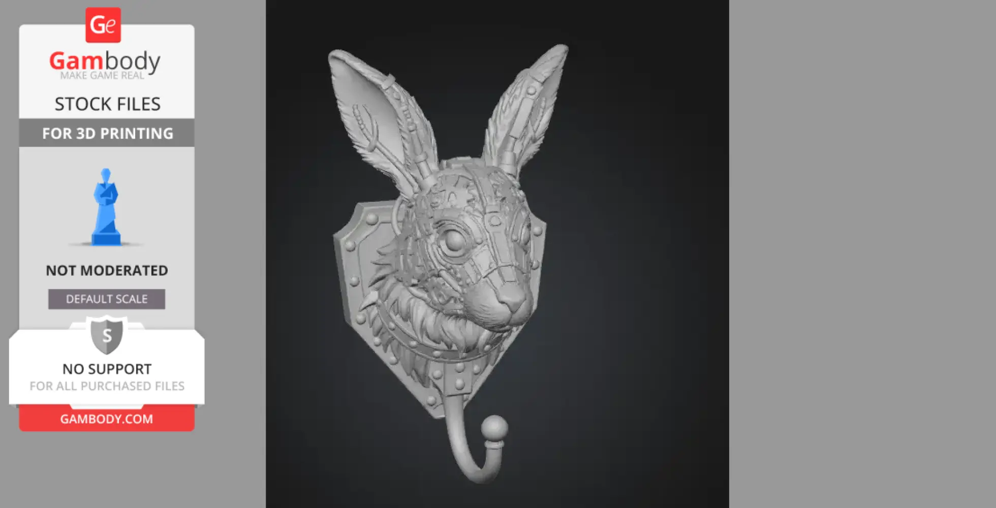 Steampunk rabbit head wall hook with intricate mechanical details for 3D printing.
