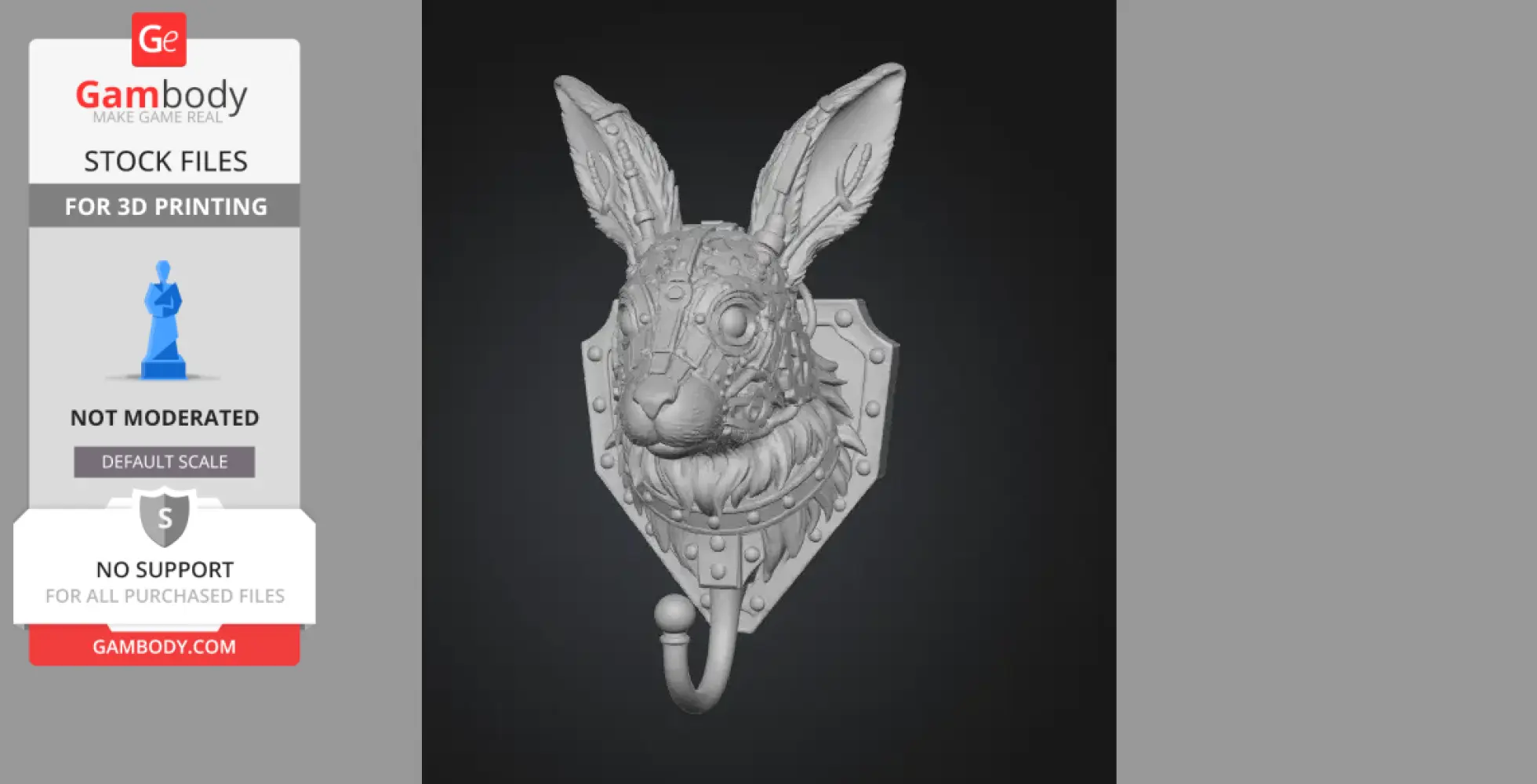 Steampunk rabbit head wall hook with mechanical details, mounted on a plaque for 3D printing.