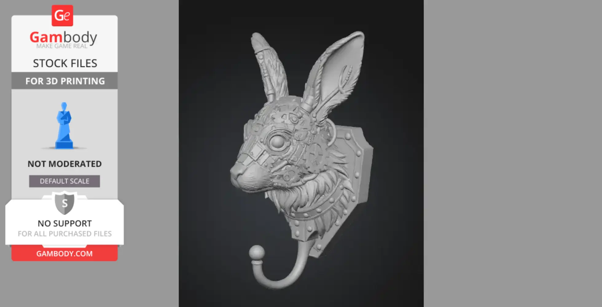 Steampunk rabbit wall hook with intricate mechanical details, designed for 3D printing.