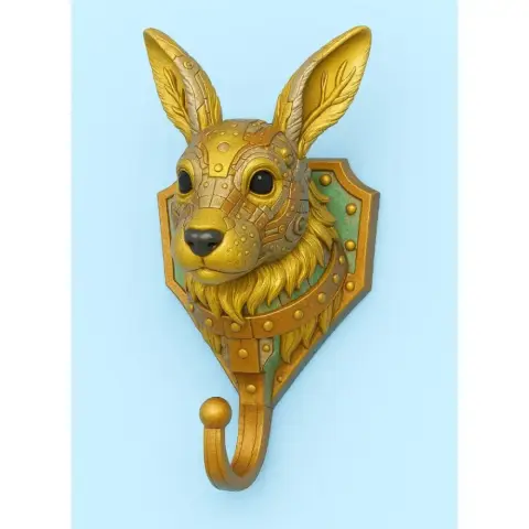 A steampunk-style rabbit head wall hook with intricate metallic details and a decorative plaque.