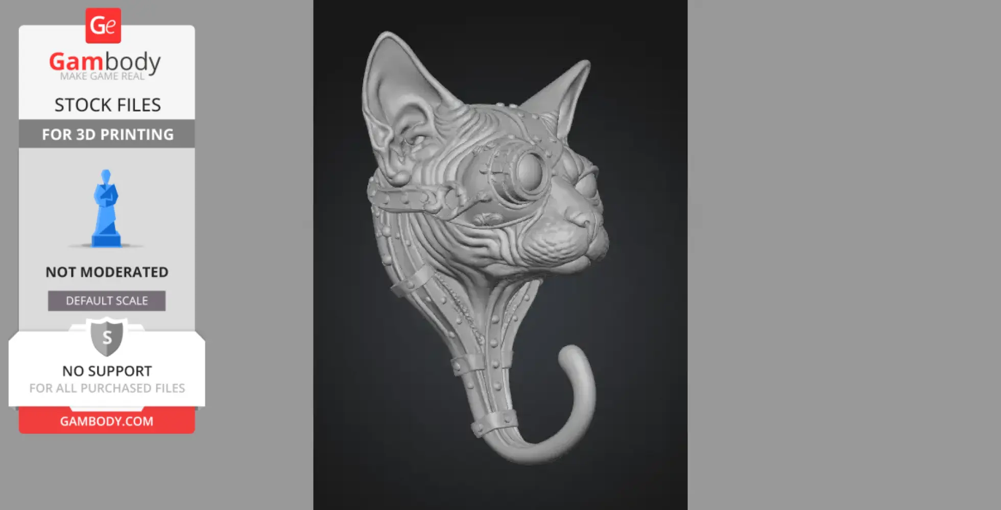 Steampunk-style Sphynx cat head with gears and a hook at the base for 3D printing.