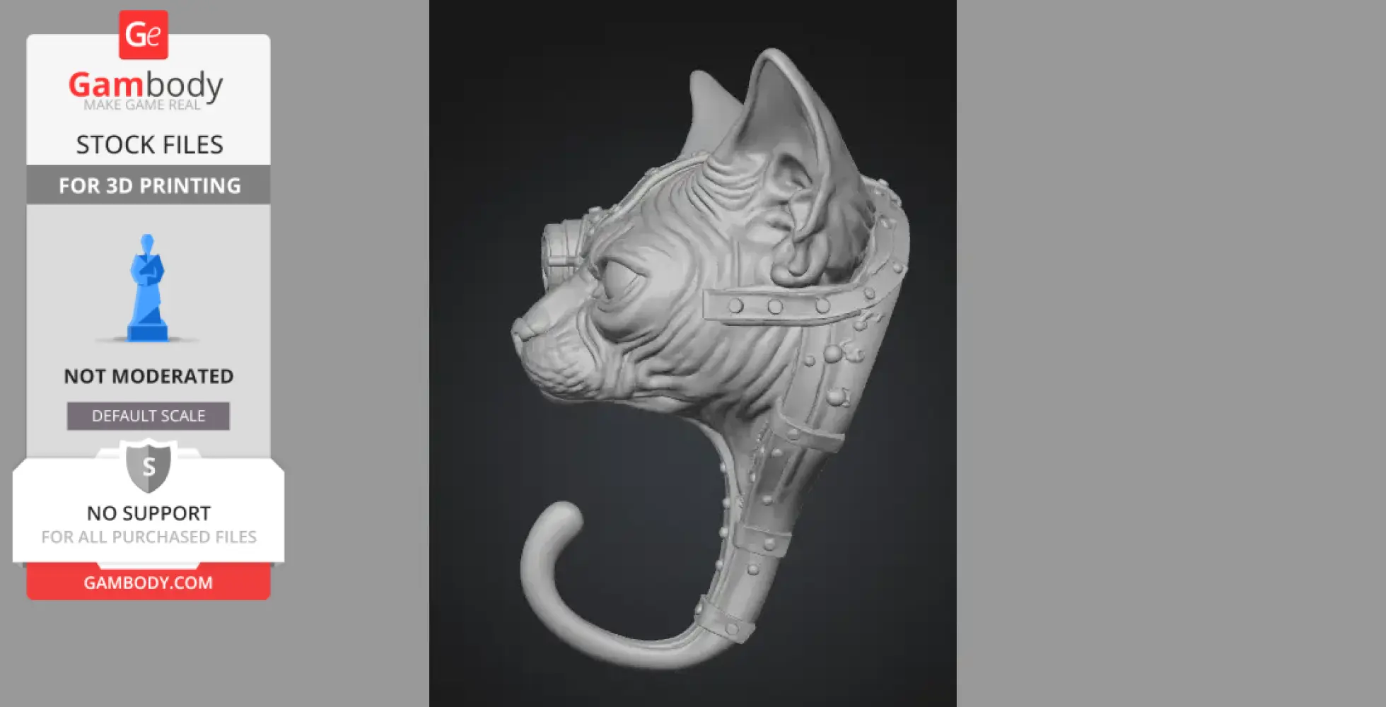 Steampunk Sphynx cat head with mechanical goggles and a hook below, designed for 3D printing.