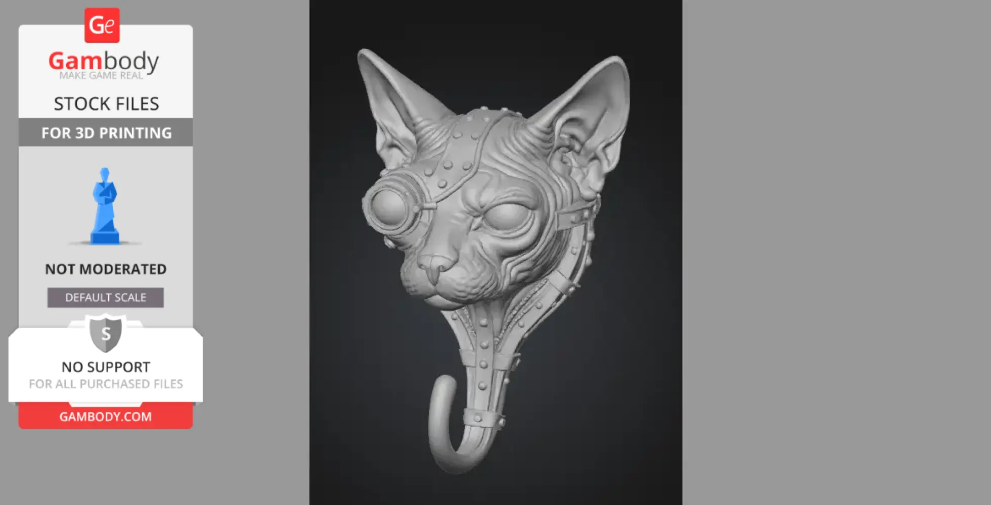 Steampunk Sphynx cat head with a mechanical eyepiece and a hook at the base.