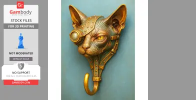 Steampunk Sphynx cat head with monocle and hook, designed for 3D printing.