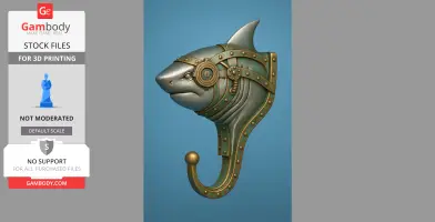 A steampunk-style shark head with metallic details, integrated into a decorative hook.