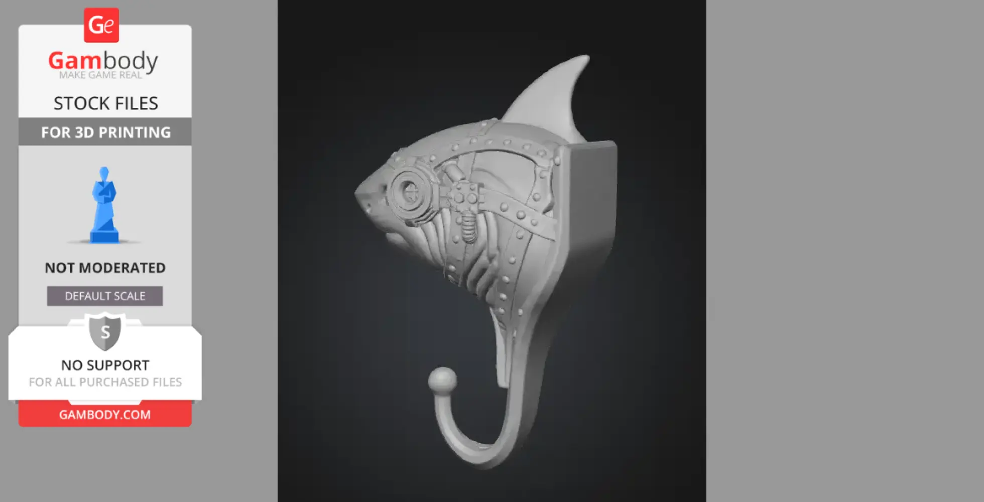 Steampunk-themed shark head hook with gears and rivet details for 3D printing.