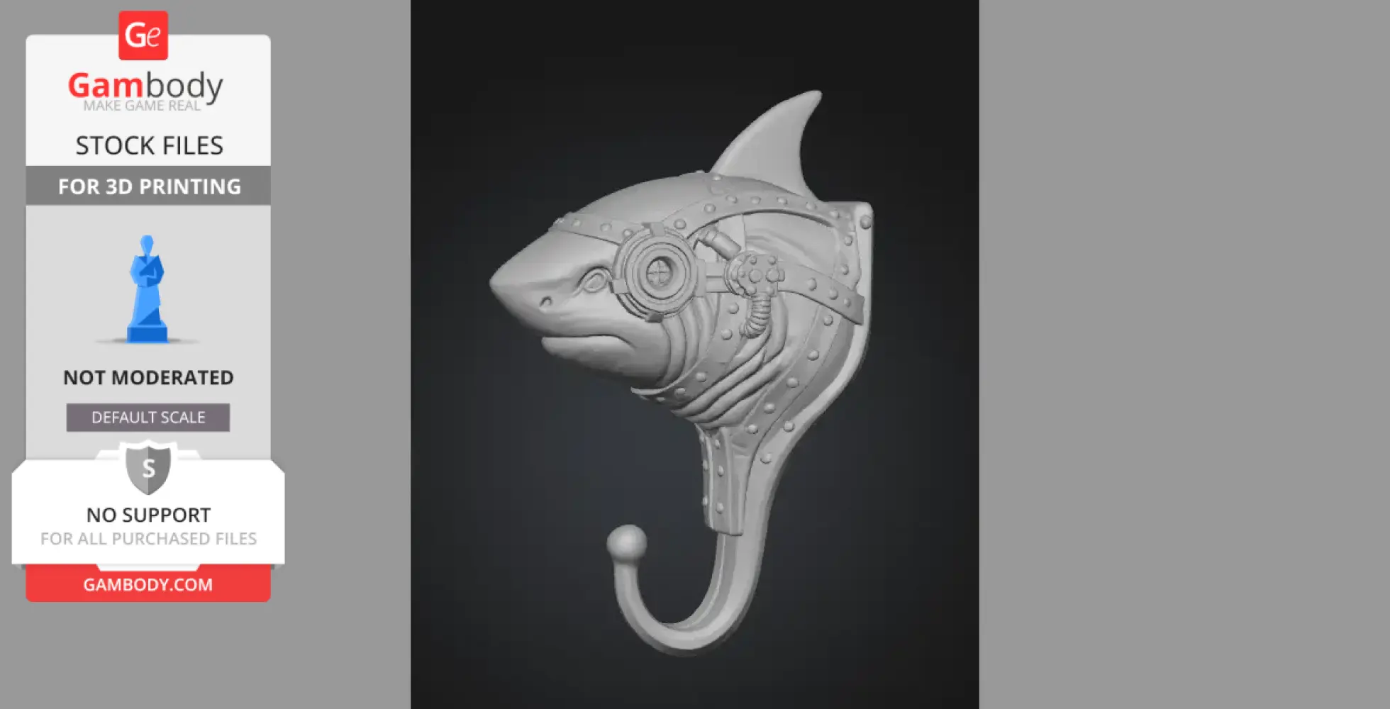 A steampunk shark head with detailed mechanical features and a hook-shaped end for 3D printing.