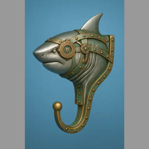 Steampunk shark head with brass details and a hook, designed for 3D printing.