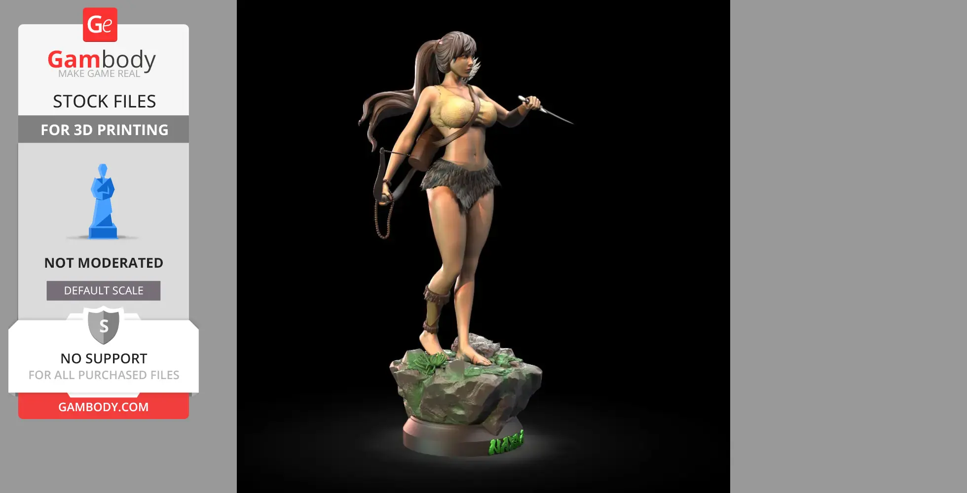 Female warrior 3D model with spear, standing on a rocky base with foliage.