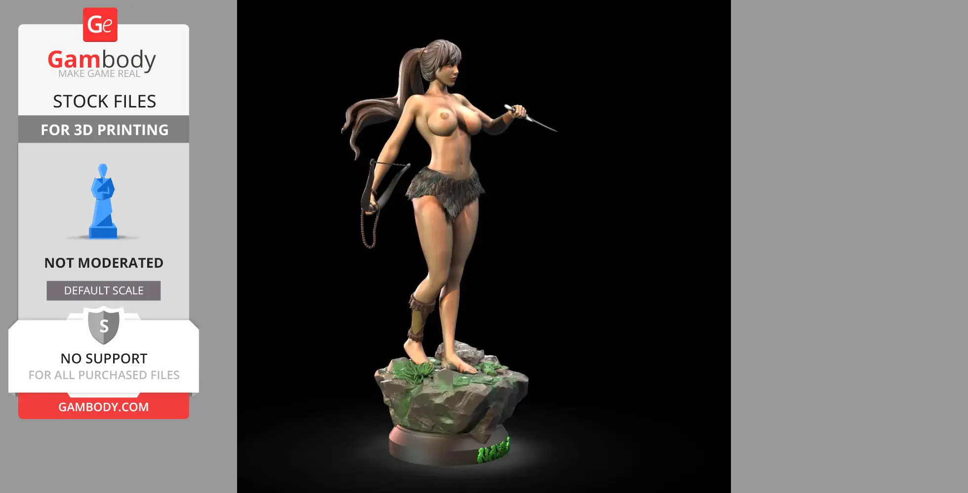 Standing warrior woman with long hair and primitive attire, holding weapons on a rocky base.
