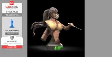 A dynamic 3D bust of a female warrior with a ponytail, holding a dagger, displayed on a stand labeled 'Nayda'.