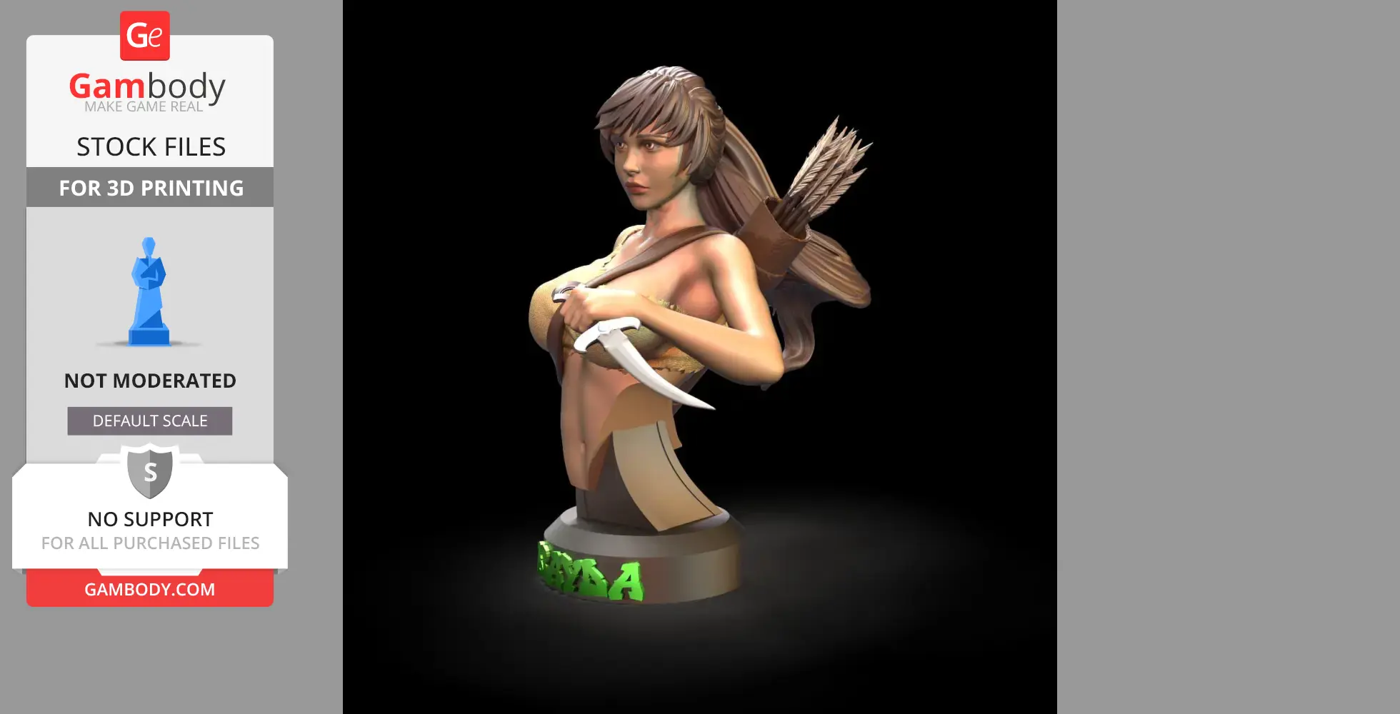 A female warrior bust with long hair, holding a knife, and a quiver of arrows on her back.