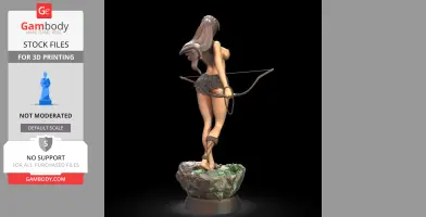 A female character with a bow, wearing a skirt, standing on a rock with lush details for 3D printing.