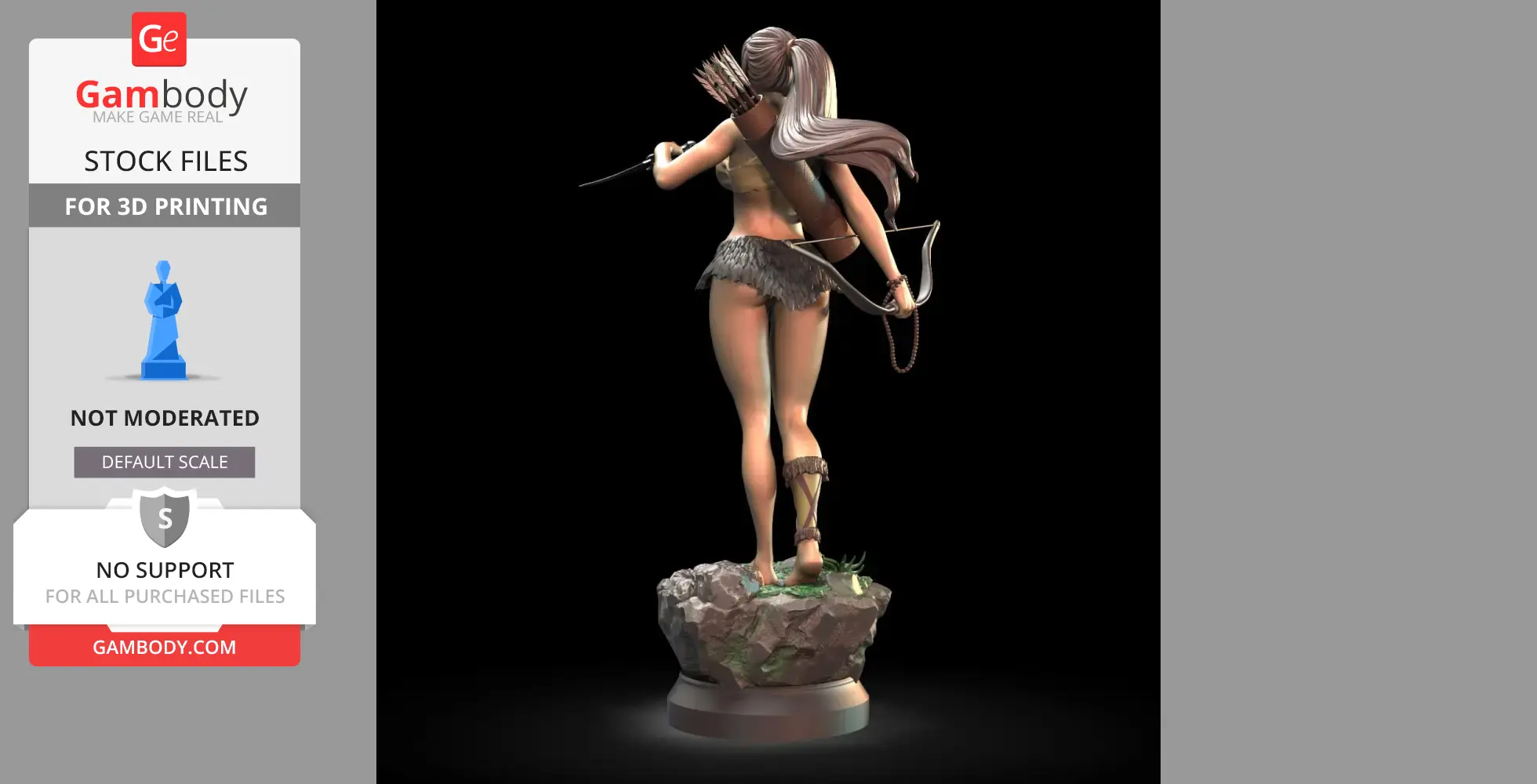 A 3D model of a warrior with a bow, arrows, and a ponytail, standing on a rocky base, viewed from the back.