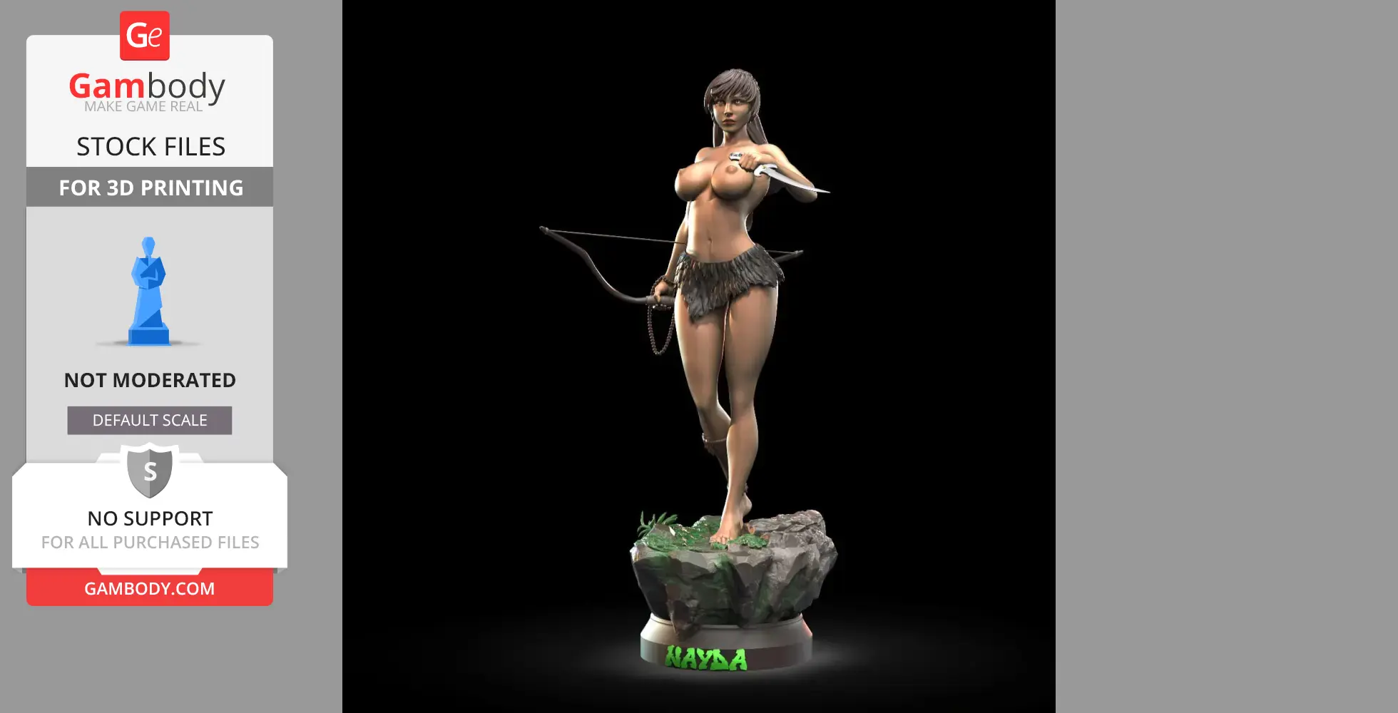 A 3D model of a warrior woman with a bow, standing on a rocky base with 'Nayda' inscribed.