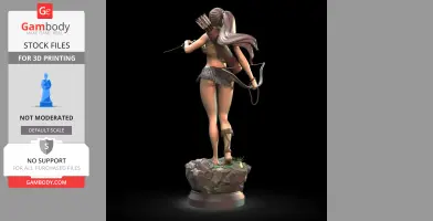 A 3D model of a warrior with a bow, arrows, and a ponytail, standing on a rocky base, viewed from the back.