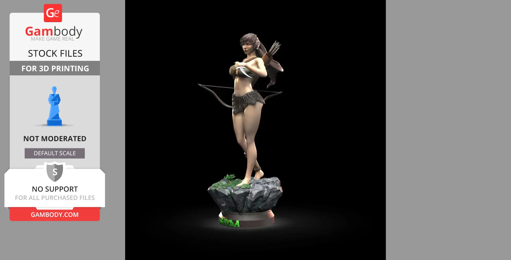 Archer woman 3D model on rocky base, holding a bow with a quiver of arrows on her back.