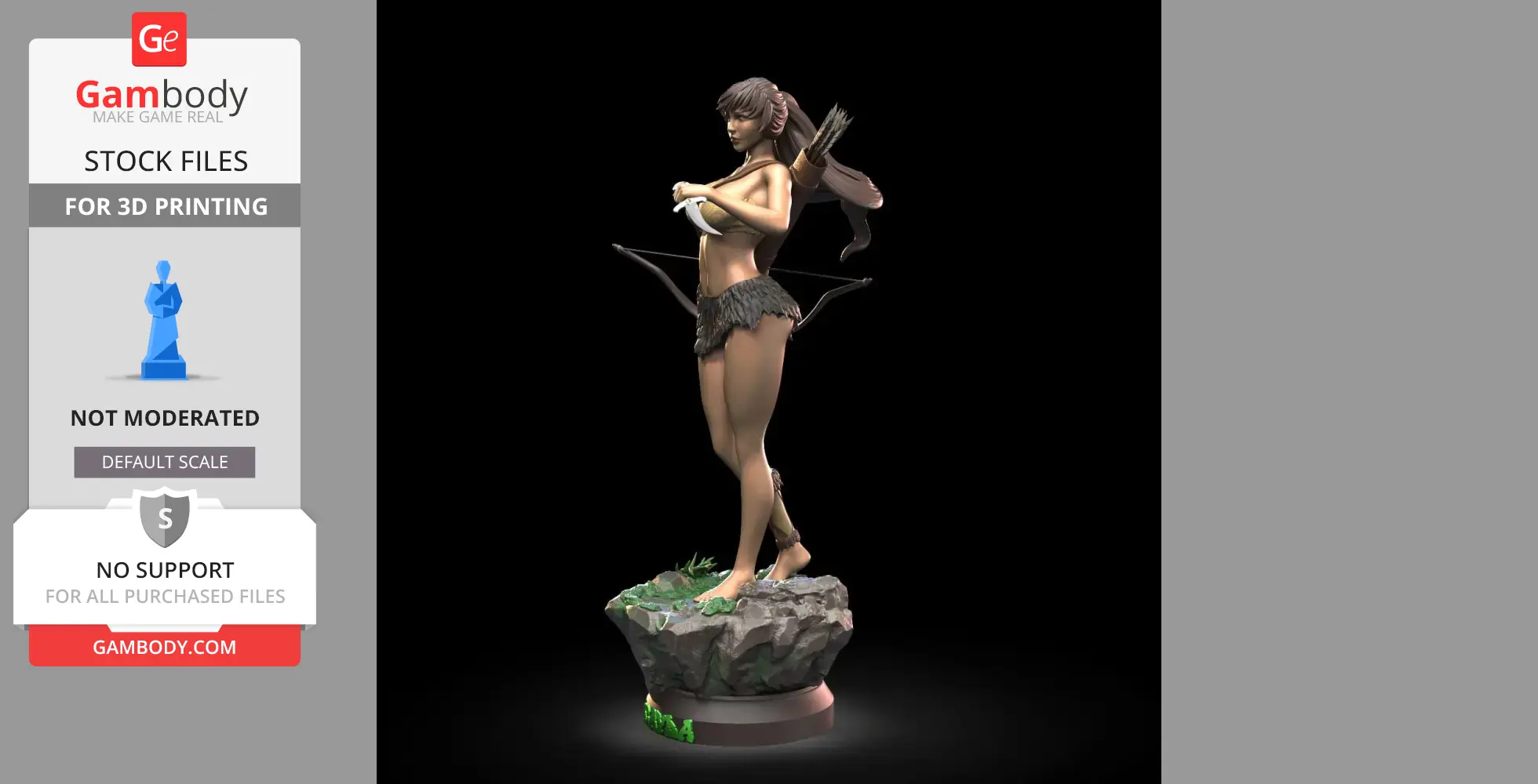 A female warrior figure with a bow and arrows stands on a rocky base, ready for 3D printing.
