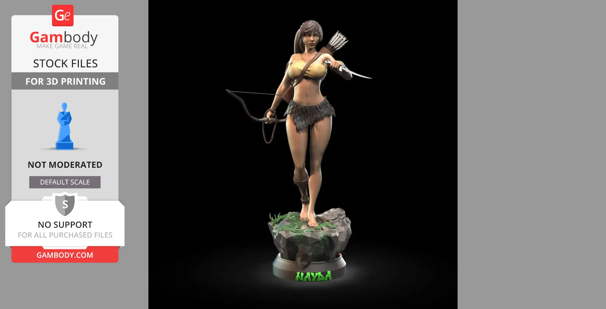 A warrior woman in a loincloth with a bow and arrows, standing on a rocky base with 'Nayda' engraved.
