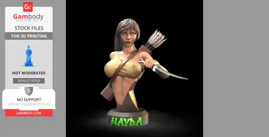 A 3D model bust of a warrior woman with a bow and arrows, and a knife, labeled 'Nayda.'