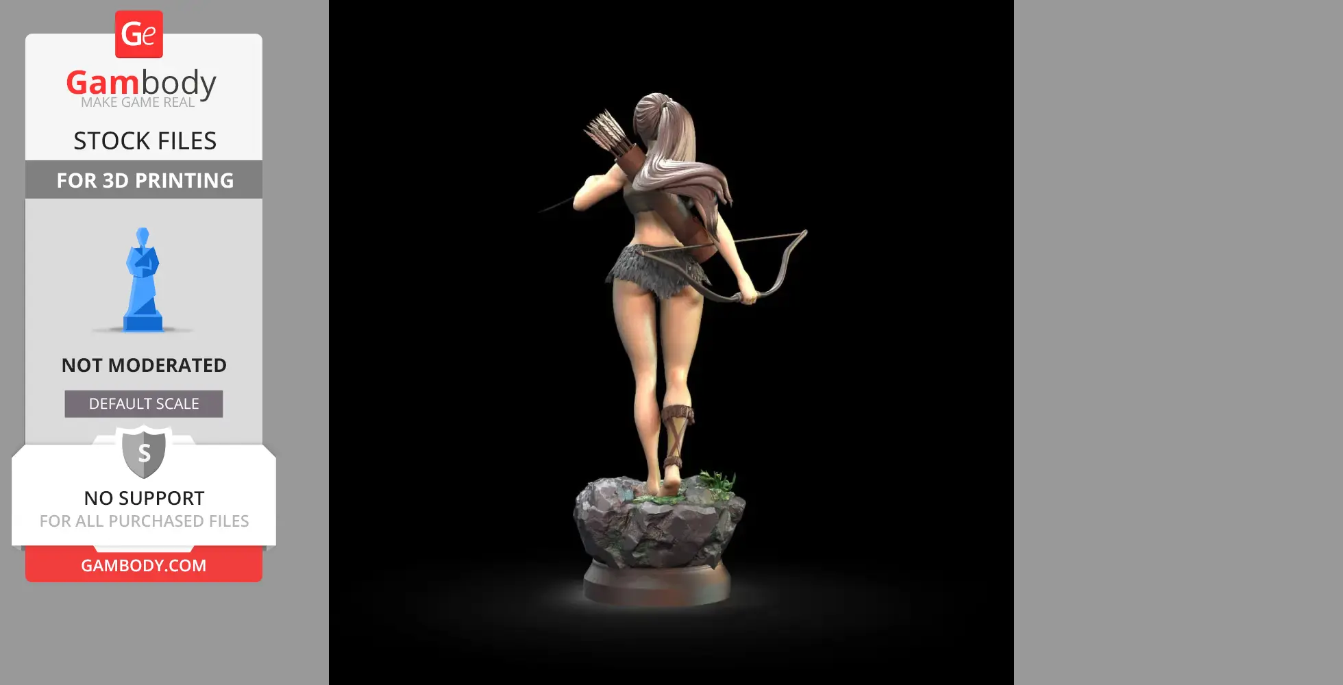 A 3D model of a female archer on a rock base, holding a bow with a quiver of arrows on her back.