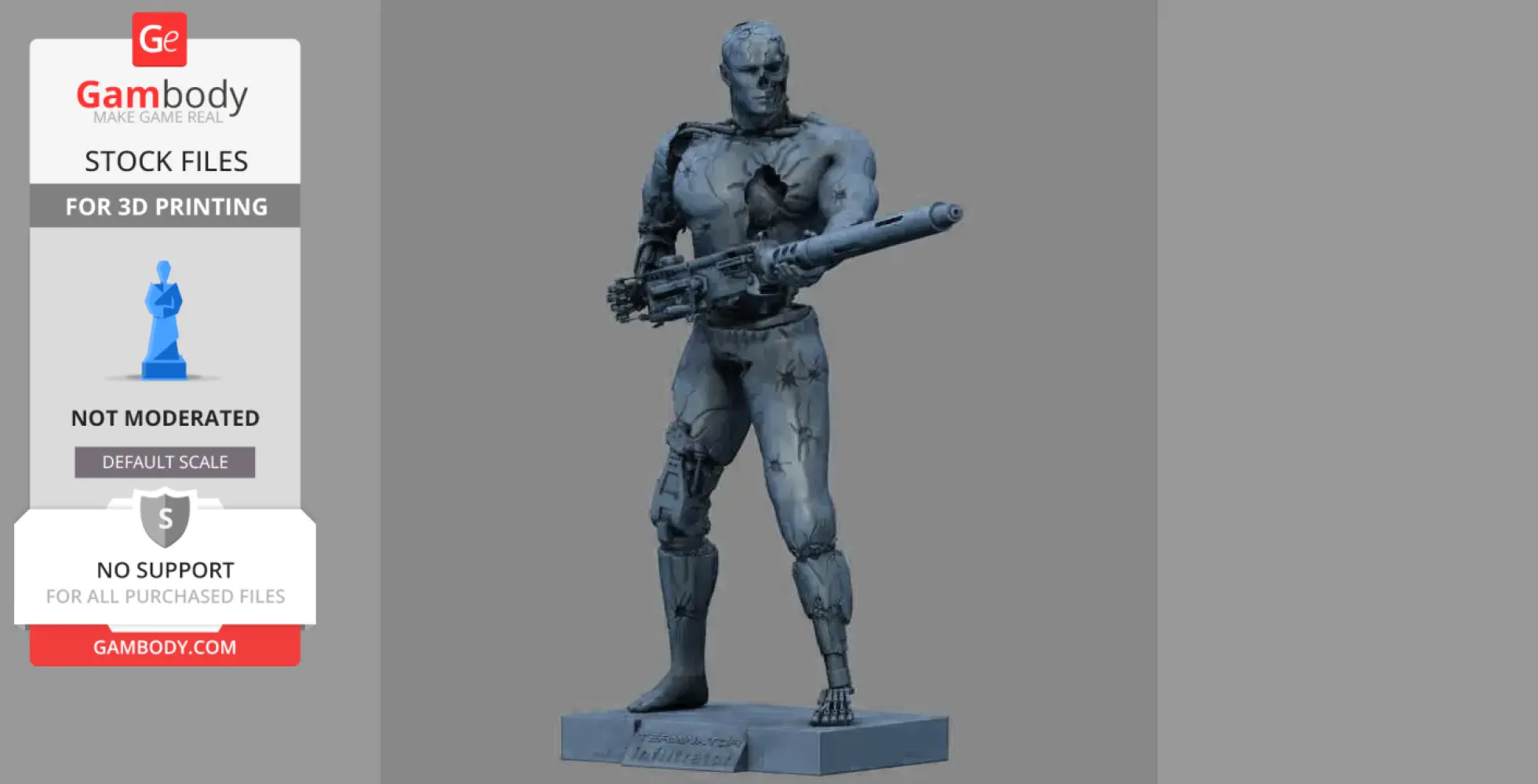 A T-800 Terminator model holding a weapon, visibly damaged, standing on a base labeled 'Infiltrator.'
