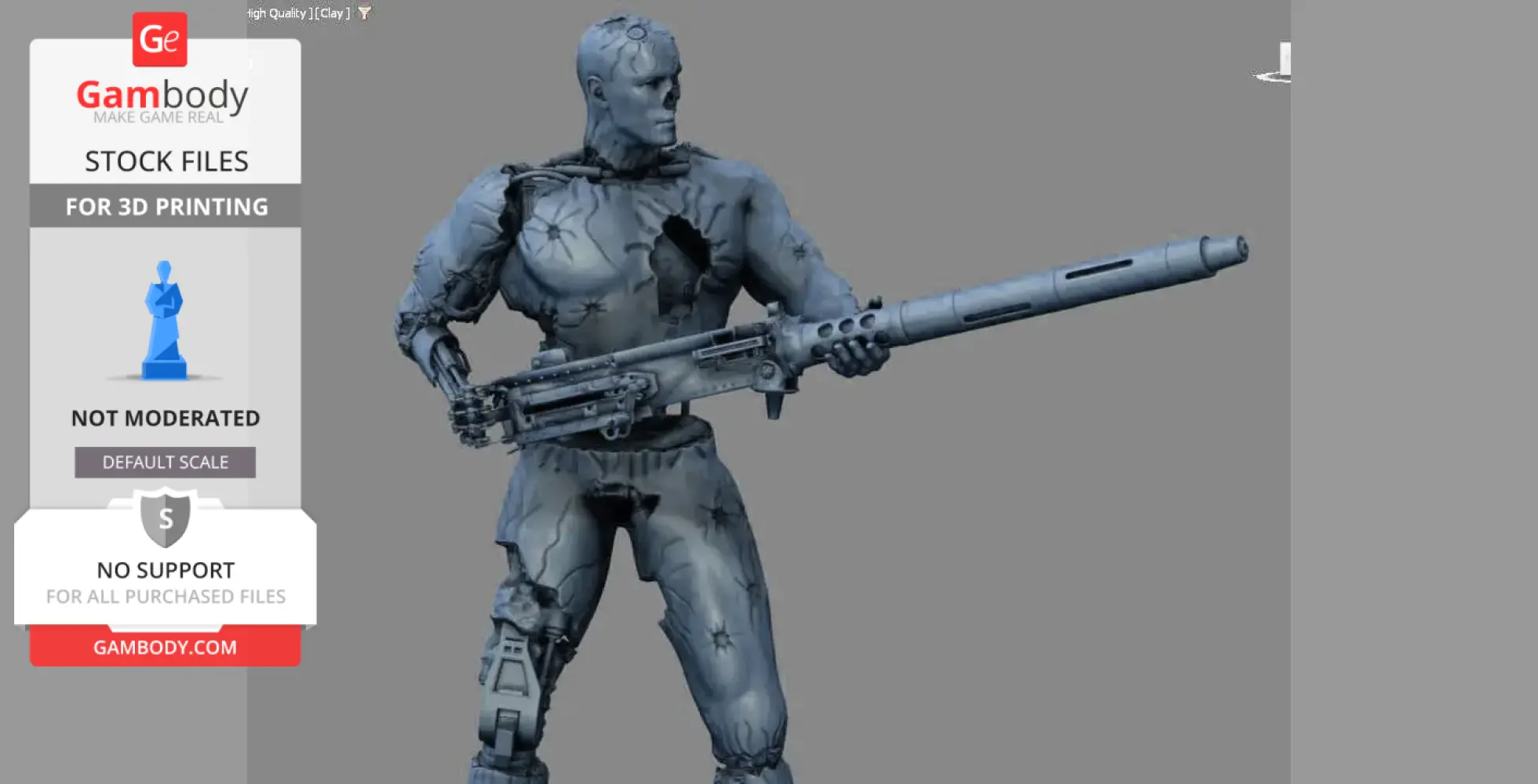 3D model of a damaged Terminator T-800 holding a large futuristic weapon.