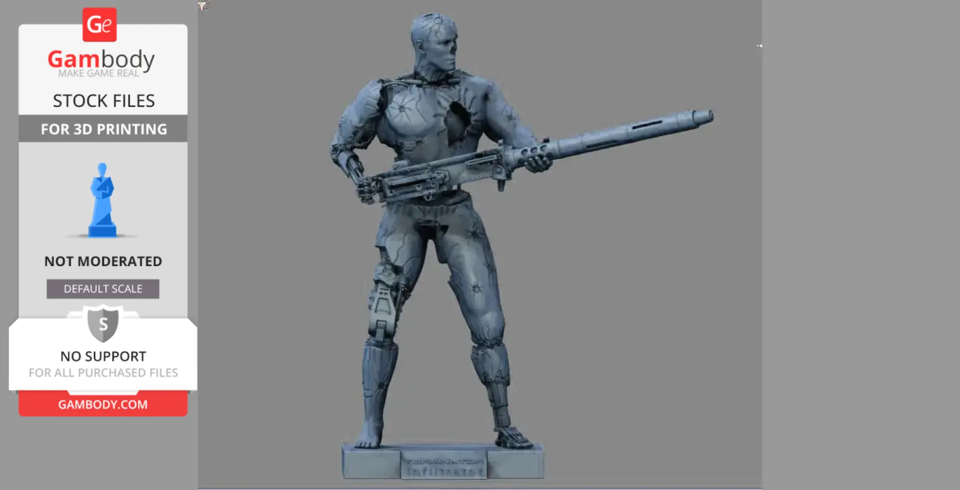 A detailed 3D model of a battle-damaged humanoid robot holding a large gun, ready for 3D printing.