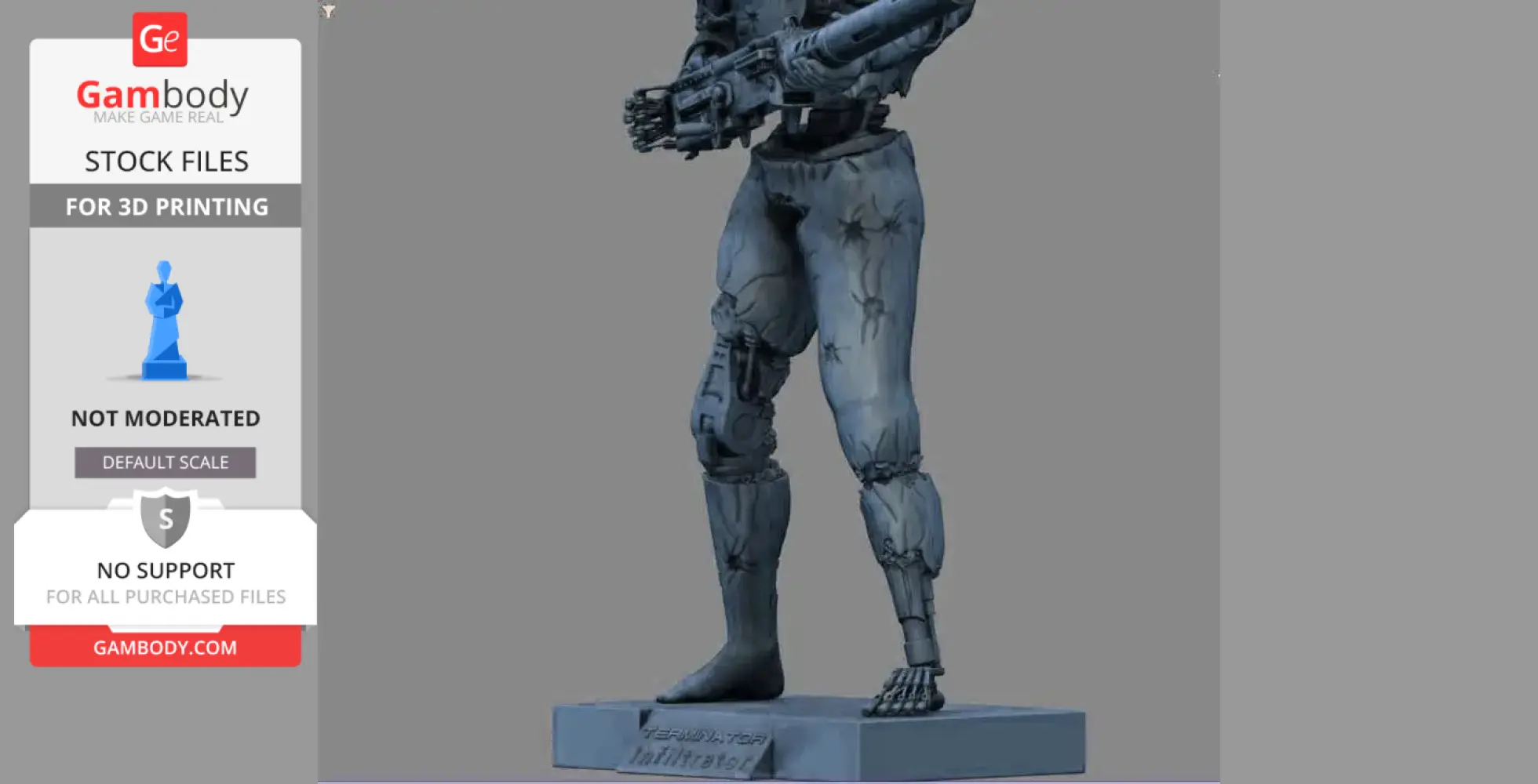 3D model of a damaged Terminator T-800 holding a weapon, standing on a base.