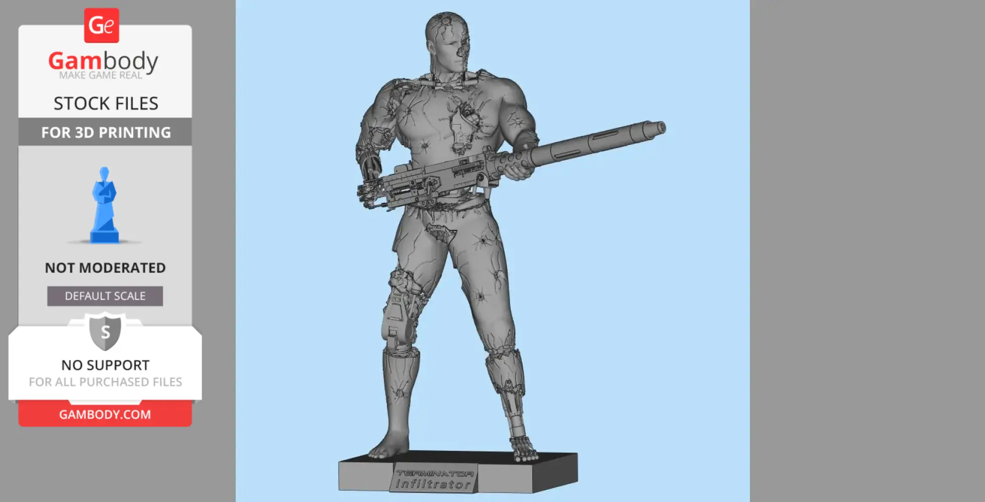 A detailed 3D model of a battle-damaged Terminator T-800 holding a large futuristic weapon.