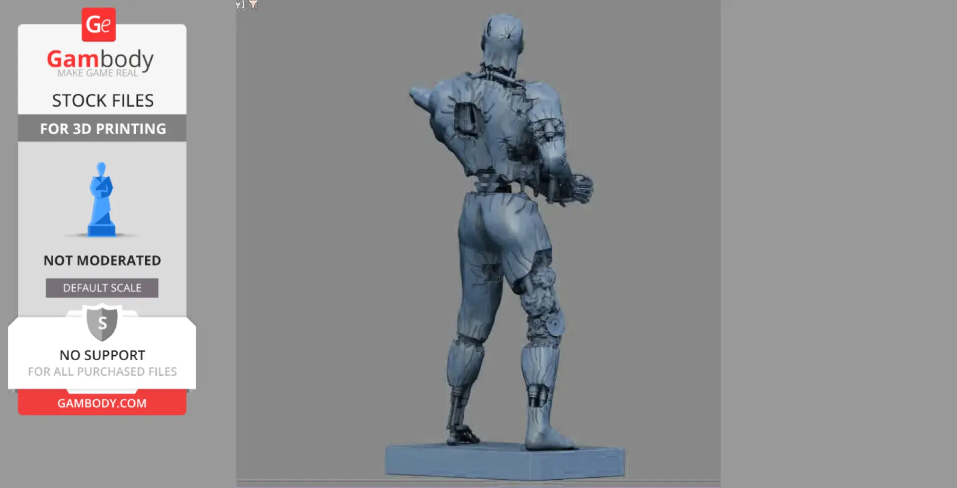 Rear view of a T-800 Terminator model, showing mechanical and damaged elements, on a display stand.