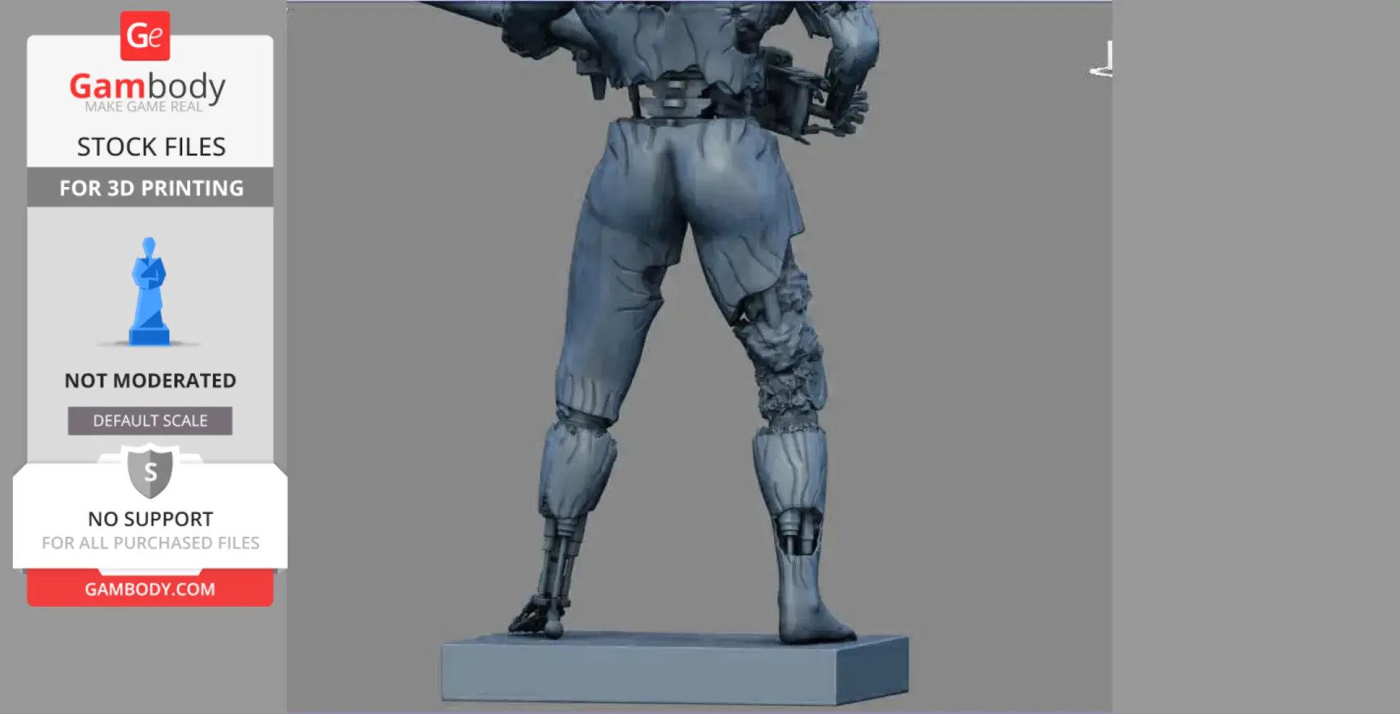 A 3D model of a Terminator T-800's back, showing mechanical details and holding a weapon.