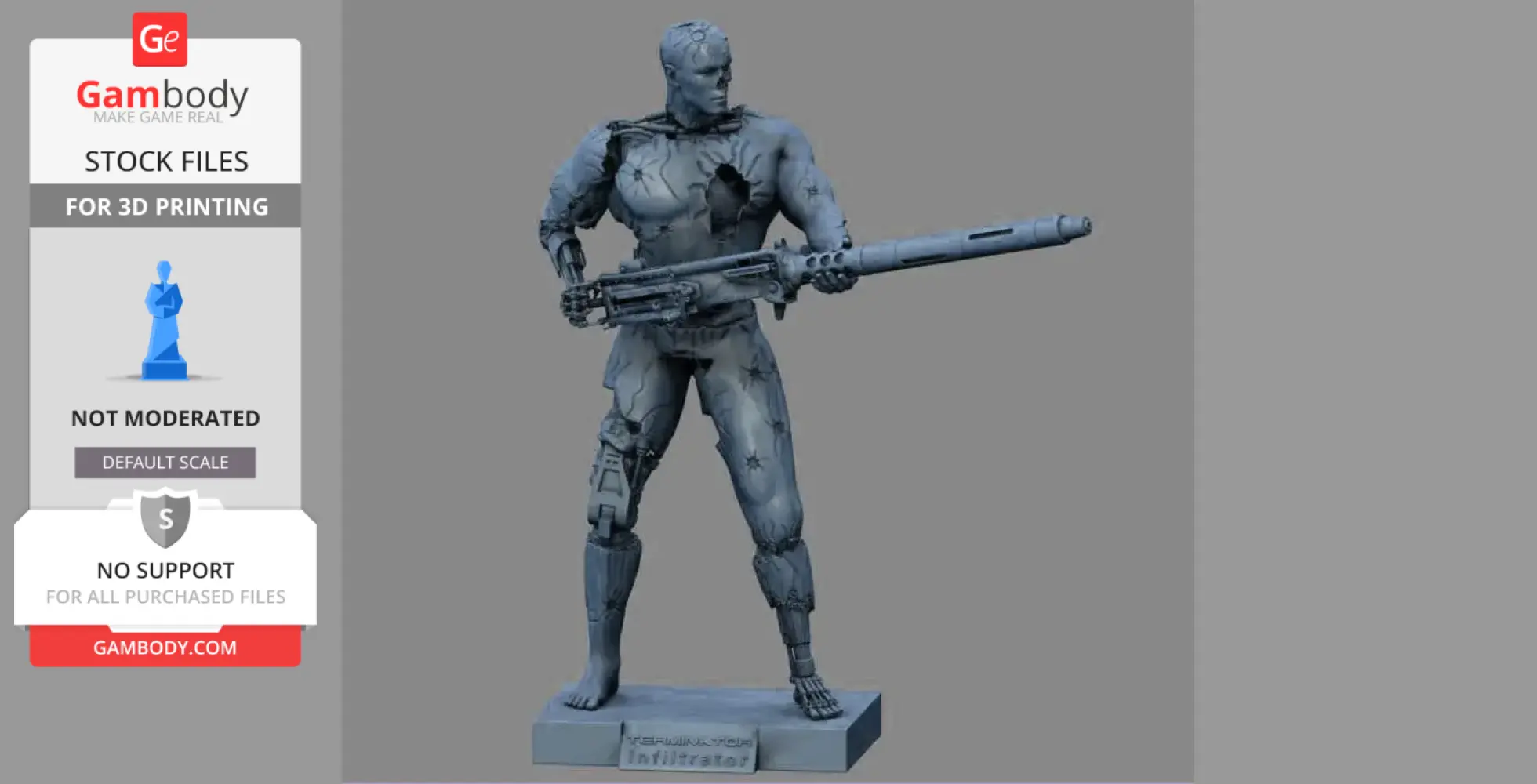 Battle-damaged T-800 Terminator model with a large gun, posed on a display base.