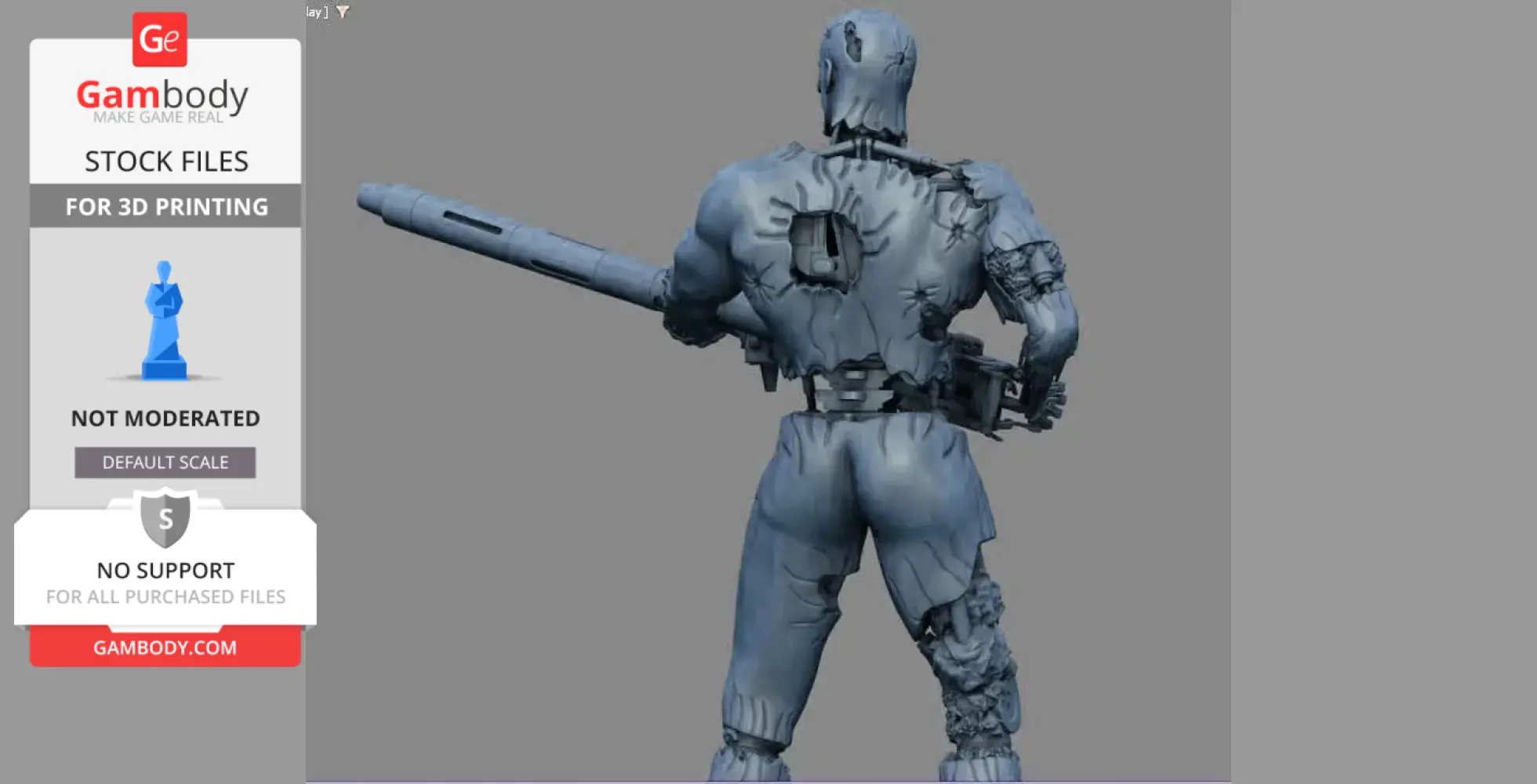 A 3D model of a humanoid robot with exposed mechanics holding a large weapon, viewed from the back.