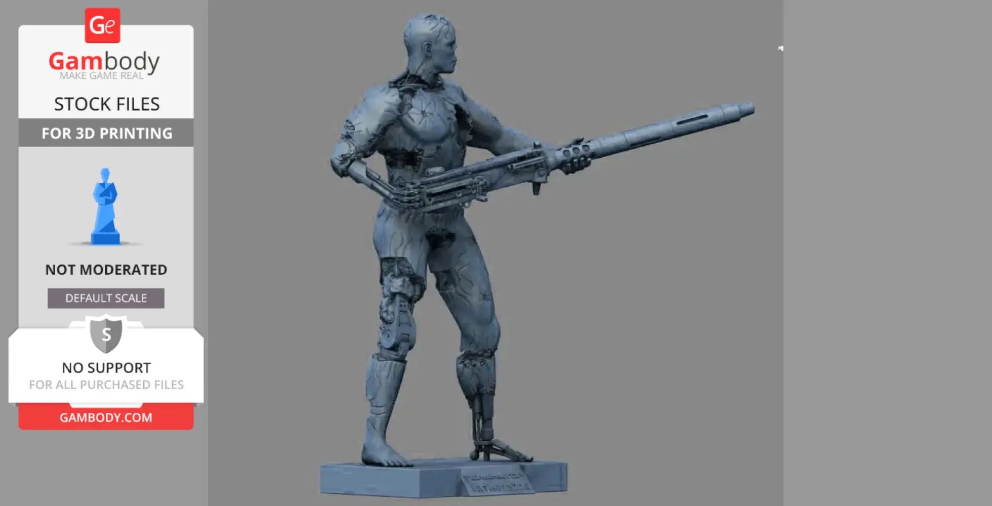 A detailed 3D model of a robotic figure holding a large gun, on a base.