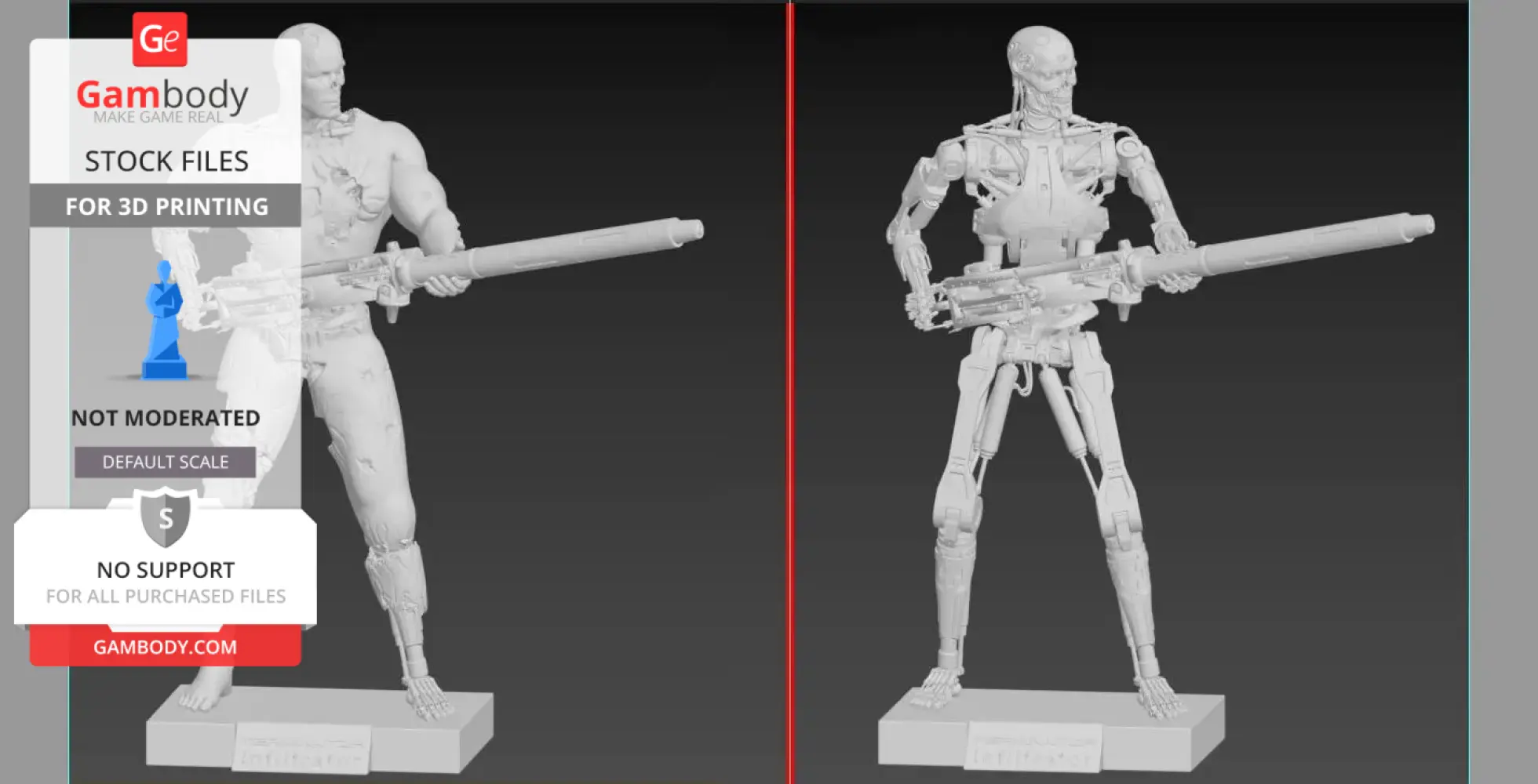 Two detailed 3D models of a cyborg with a large weapon, one with skin and one skeleton-like.