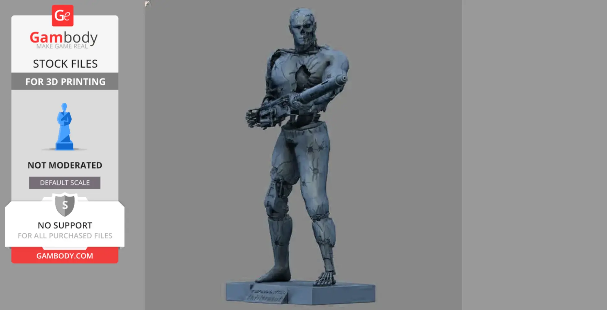 A 3D model of a Terminator T-800, damaged, holding a weapon, on a display base.