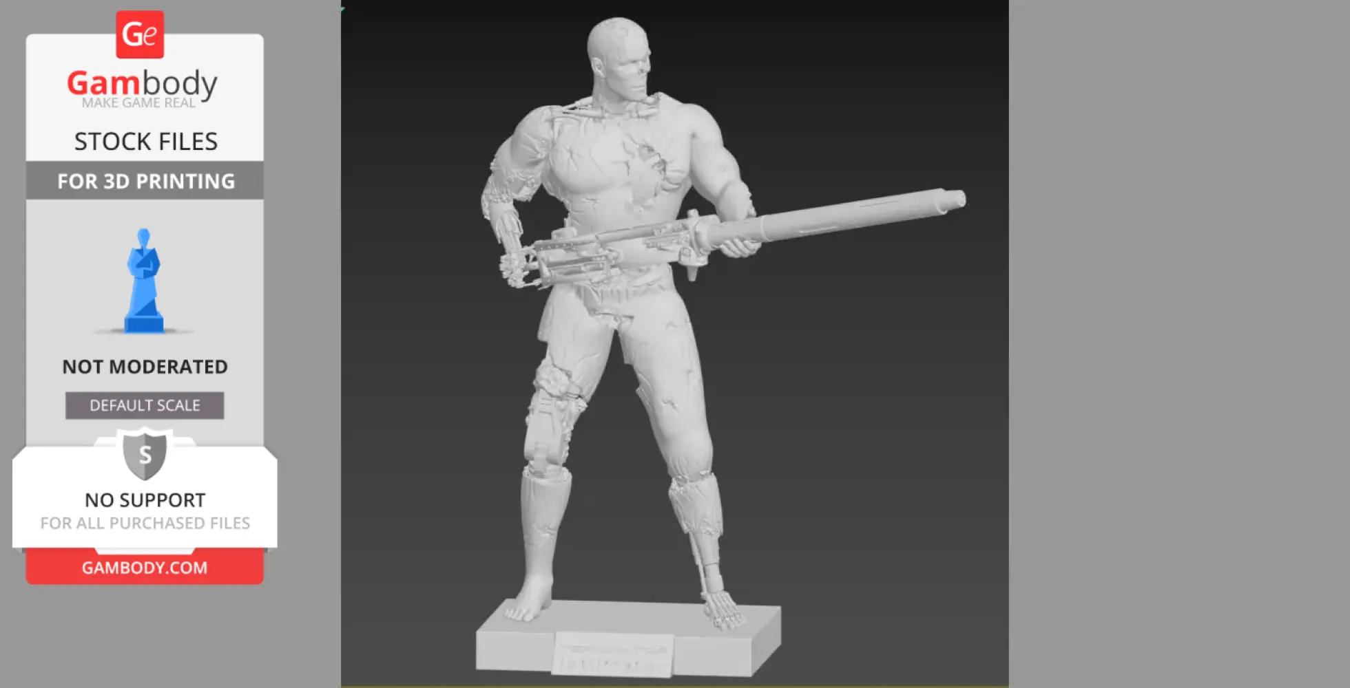 3D model of a humanoid robot holding a large gun on a display base.