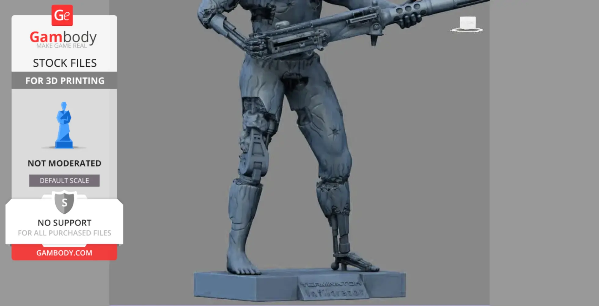 A 3D model of a T-800 Terminator holding a weapon, standing on a labeled base for 3D printing.
