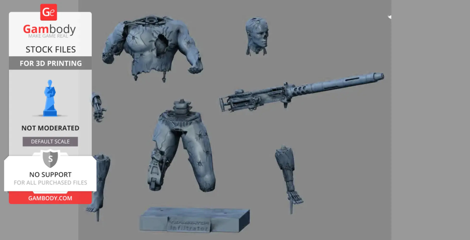 Disassembled Terminator T-800 3D model parts for printing, including torso, limbs, head, and weapons.