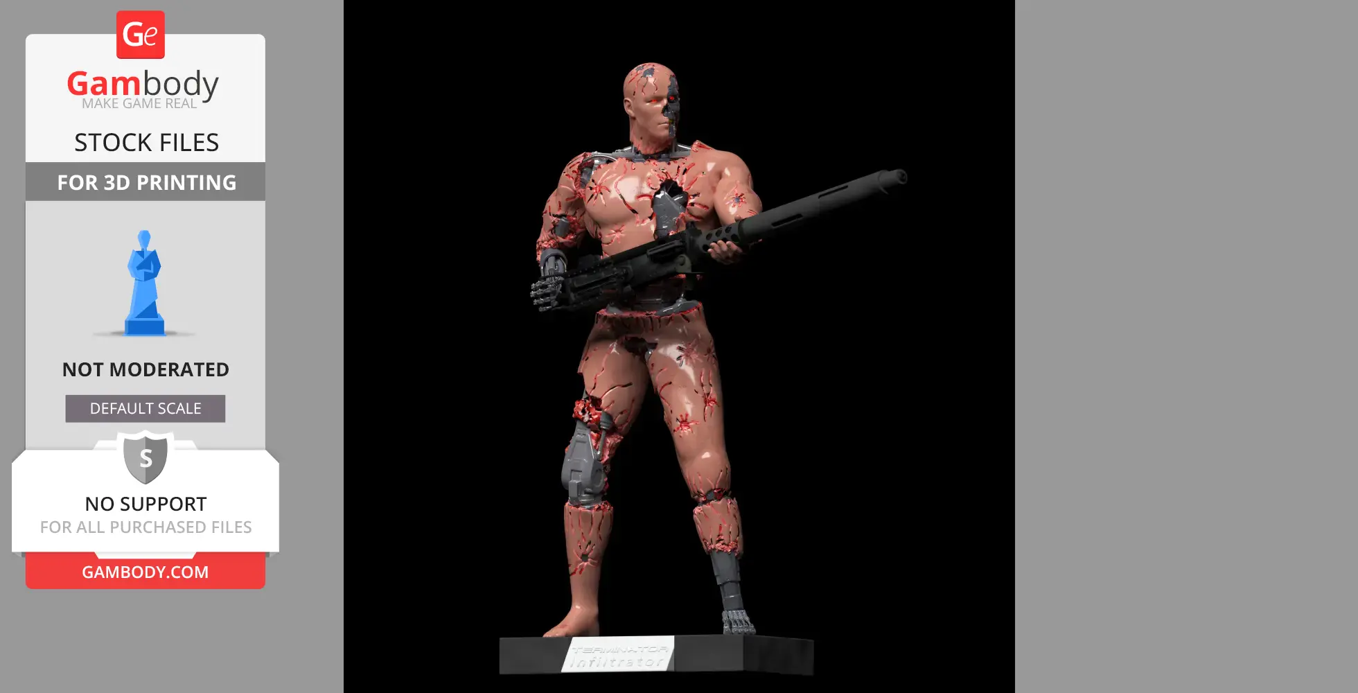 Battle-damaged Terminator T-800 model holding a weapon, revealing mechanical parts.