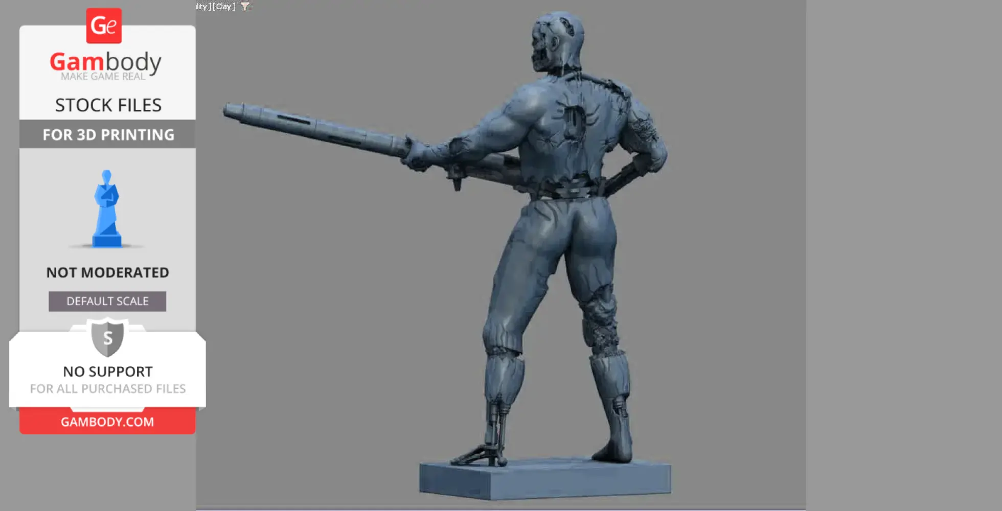 A detailed 3D model of a T-800 Terminator holding a gun, posed on a display base.