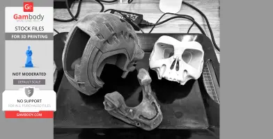 T-800 skull model parts for 3D printing, including jaw and helmet components, on a black tray.