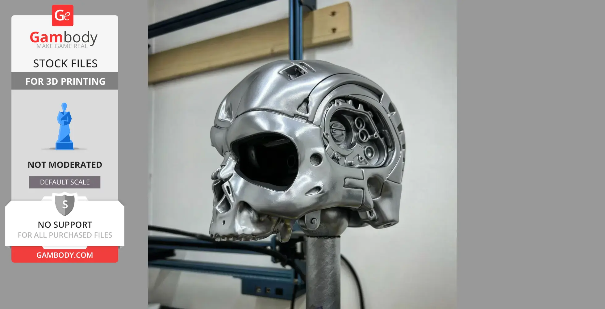 A metallic T-800 Terminator skull replica on a stand, showcasing detailed mechanical features.