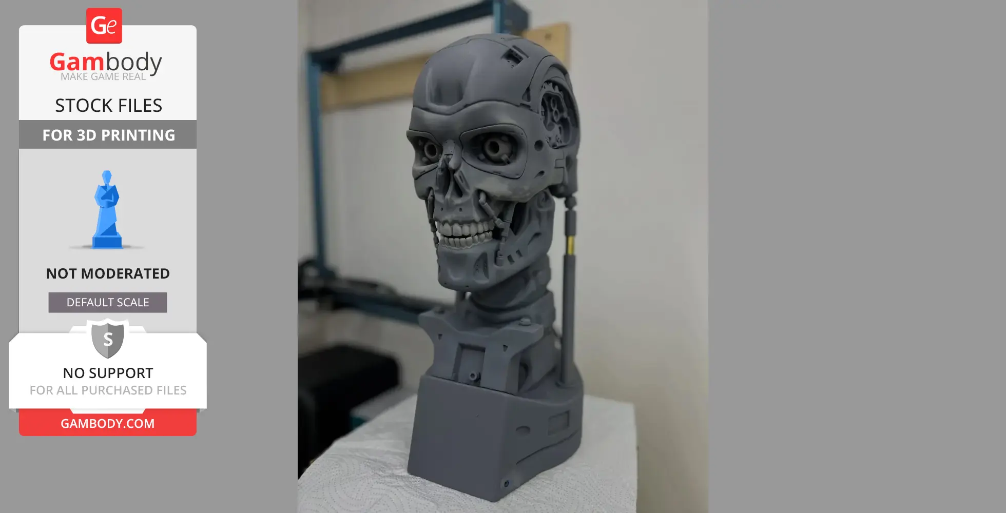 A detailed 3D-printed replica of a T-800 skull from Terminator 2 on display.