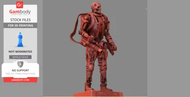 Red T-600 Terminator model with a gun and cables, standing on a base, designed for 3D printing.