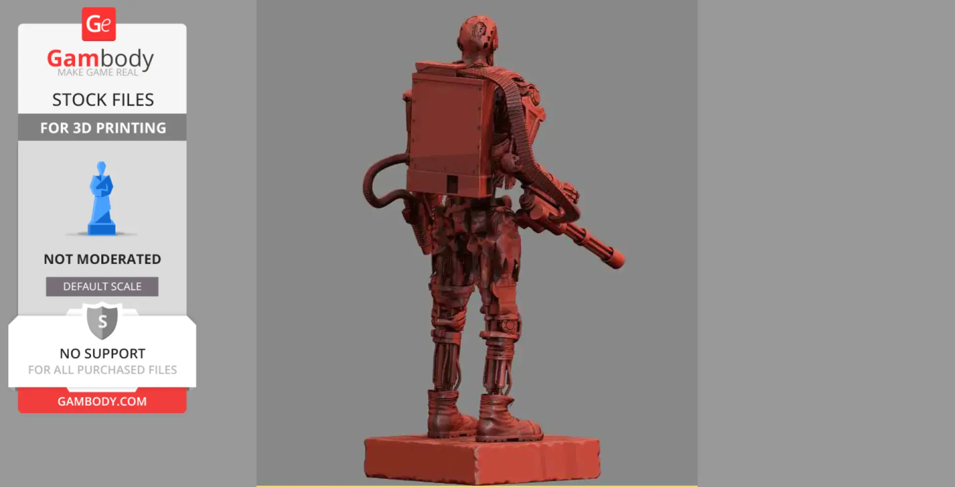 A 3D model of a T-600 Terminator with a large backpack, weapon, and mechanical details, on a display base.