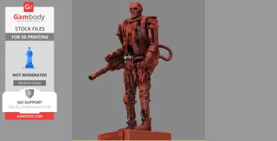 Red 3D model of T-600 Terminator with a weapon, detailed robotic features, on a base.