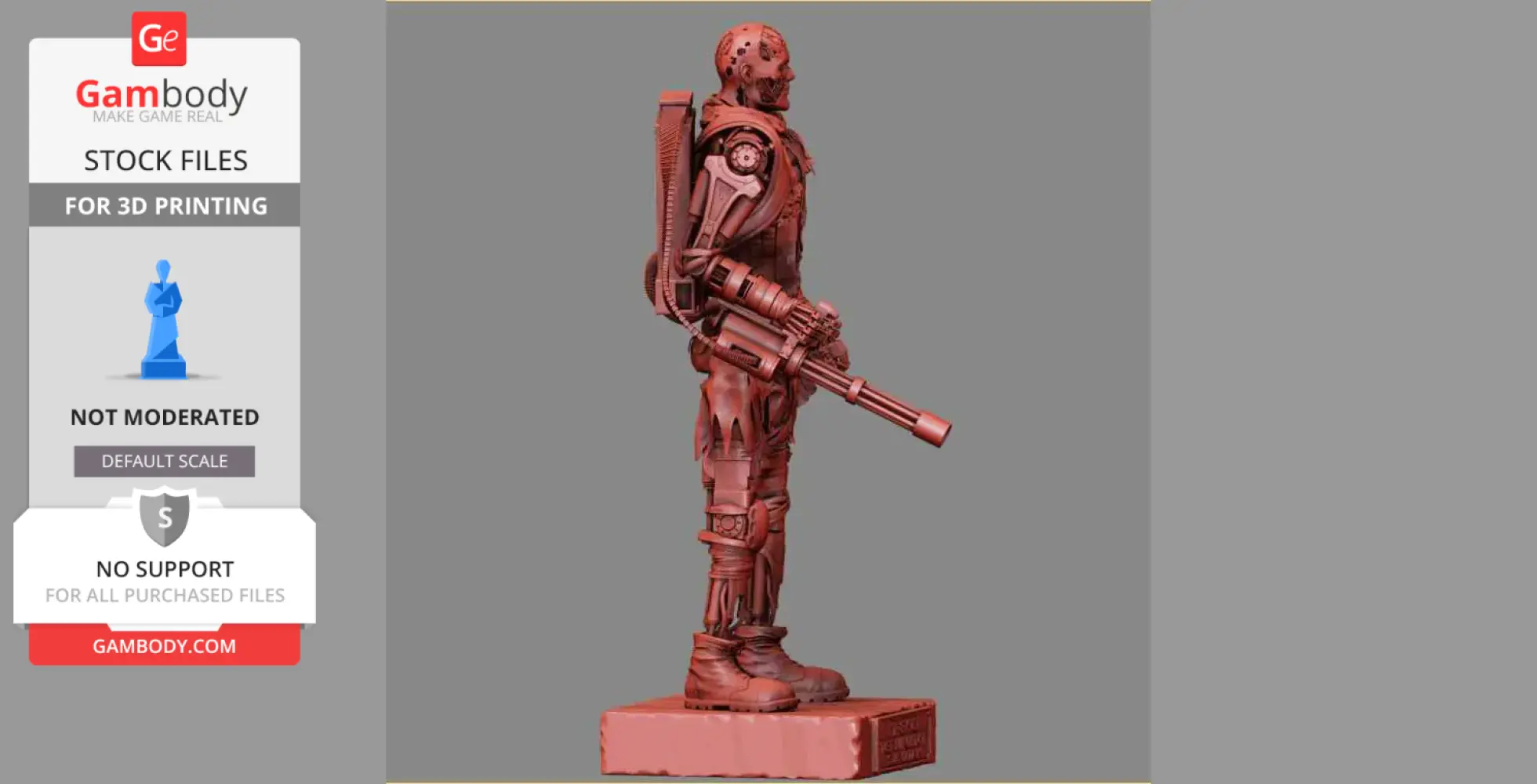 A detailed 3D model of a T-600 Terminator with a weapon, standing on a base, designed for 3D printing.