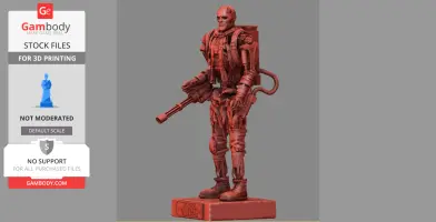 T-600 Terminator 3D model with weapon on a display base, ready for 3D printing.